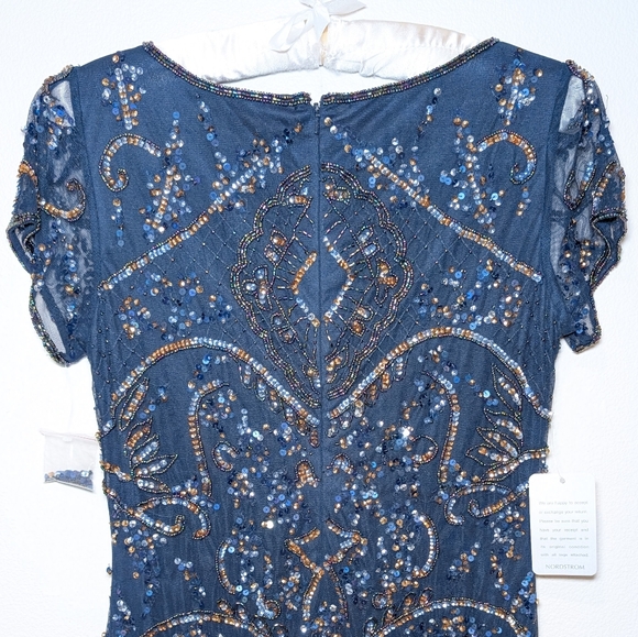 NWT Pisarro Nights Beaded Mesh Midi Cocktail Dress in Navy - Picture 11 of 16
